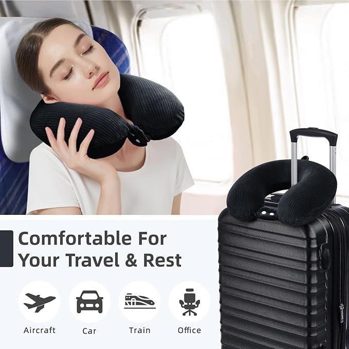 Travel Pillow, Neck Pillow Airplane Memory Foam with Sleep Mask Earplugs, Soft & Support Fleece Airplane Pillow for Travelling Plane Car Train Home Use, Black