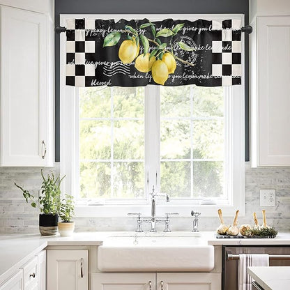 Valance Curtains for Kitchen Window, Summer Tropical Lemon Rod Pocket Valances Window Treatments Buffalo Plaid Black White Short Curtains for Bedroom Decor,54" X 18" -1 Panel,