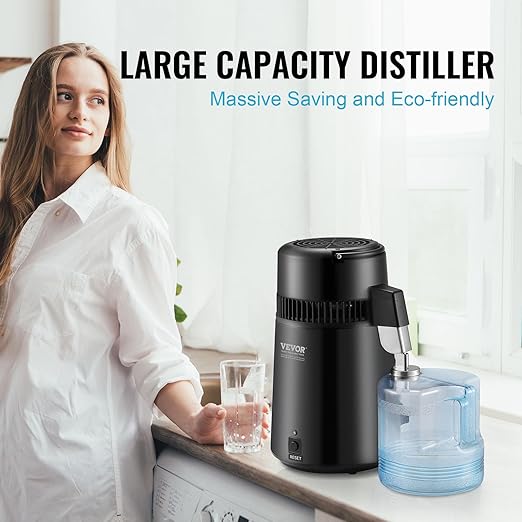 VEVOR Water Distiller, 4L 1.05 Gallon Pure Water Purifier Filter for Home Countertop, 750W Distilled Water Maker, Stainless Steel Interior Distiller Water Making Machine to Make Clean Water, Black