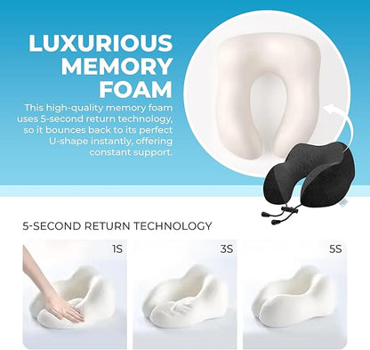 Lux & Sky Cooling Memory Foam Travel Neck Pillow Set for Airplane Car, Home, Office | Travel Essential Neck Pillow with Sleeping Mask & Earplugs | 3 in 1 U Shape Memory Foam Travel Pillow (Black)