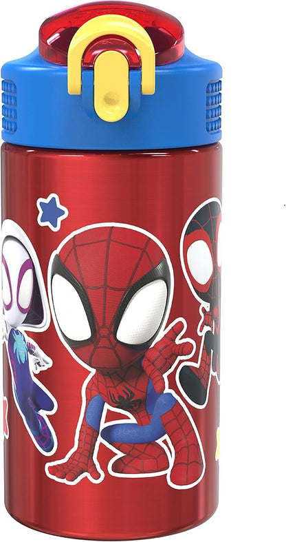 Zak Designs Marvel Spider-Man 18/8 Single Wall Stainless Steel Kids Water Bottle, Flip Straw Locking Spout Cover, Durable Cup for Sports or Travel (15.5oz, Non-BPA, Spidey and His Amazing Friends)