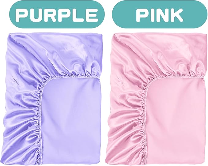 2 Pack Satin Soft Crib Sheet for Baby with Sensitive Hair Silky Baby Mattress Sheet Pink and Violet Unisex 52’’x28’’x8’’ Fitted Sheets