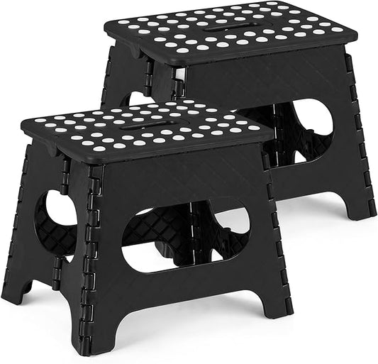 VECELO Folding Step Stool 11 Inch, Non-Slip Surface Portable Foldable 1 Step Stool with Carry Handle, Heavy Duty to Support Kids/Toddler/Adults for Living Room, Kitchen, Bathroom, Set of 2, Black