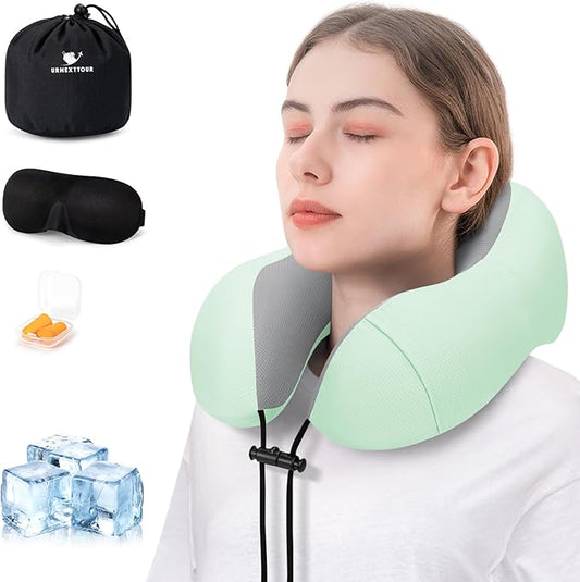 Travel Pillow for Airplane Memory Foam Neck Pillow, Soft & Support Travel Pillow for Travelling with Eye Mask, Earplugs and Storage Bag, Sleeping Rest, Car, Train and Home Use Cooling, Sage