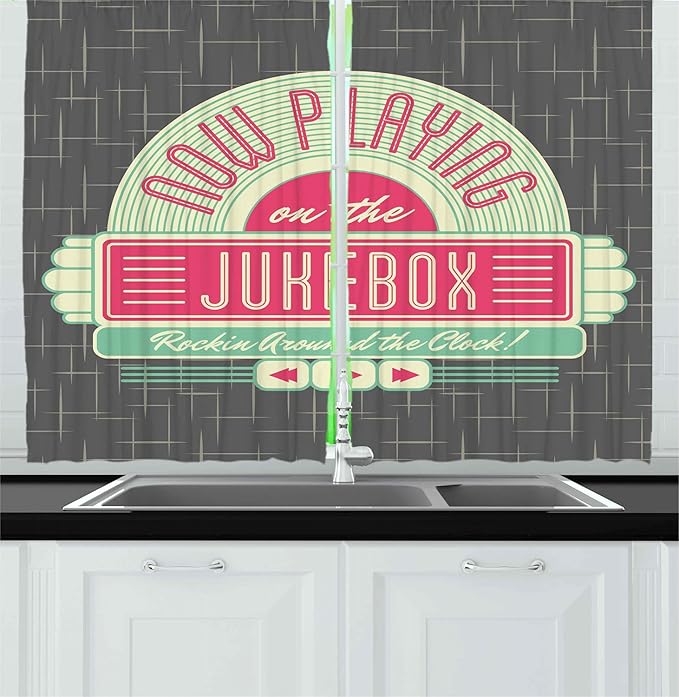 Ambesonne Jukebox Kitchen Curtains, Charcoal Grey Backdrop with 50s Inspired Radio Music Box Image, Window Drapes 2 Panel Set for Kitchen Cafe Decor, 55" x 39", Mint Green Hot Pink and White