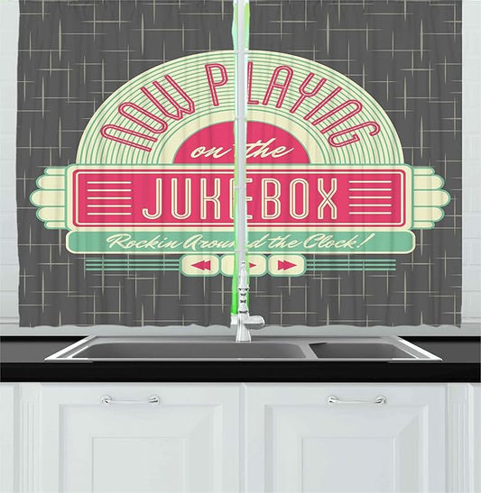 Ambesonne Jukebox Kitchen Curtains, Charcoal Grey Backdrop with 50s Inspired Radio Music Box Image, Window Drapes 2 Panel Set for Kitchen Cafe Decor, 55" x 39", Mint Green Hot Pink and White