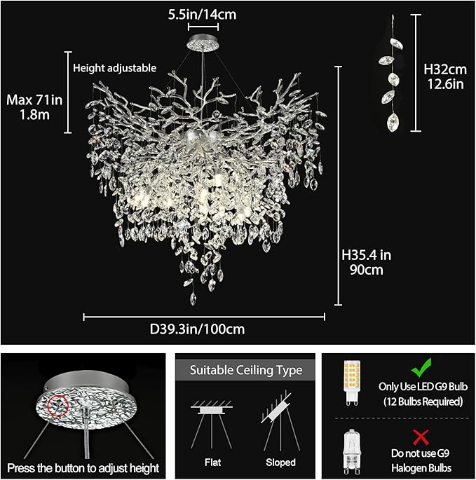 40 inch Crystal Chandelier for Dining Room, Round Silver Tree Branches Chandeliers, Top K9 Crystal Chandelier, Modern Chandeliers for Kitchen,Foyer Entryway,Luxury Adjustable Hanging Chandelier