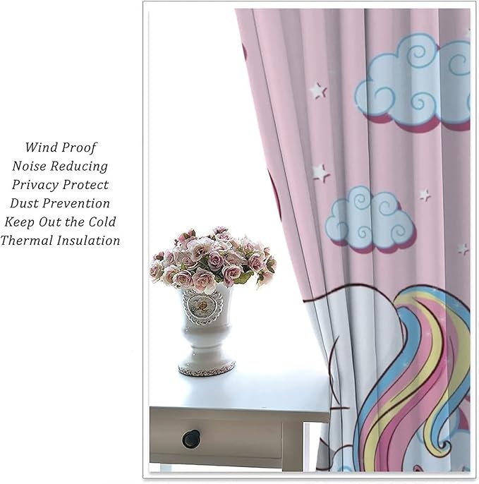 Unicorn Curtain for Kids Bathroom,Pink Cartoon Bathroom Curtains Decor Noise Reducing Curtain for Home Bedroom Party Wall Decorations 52x84inch(132x213cm)