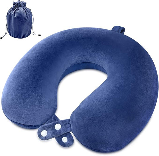 Travel Neck Pillow Airplane, Soft Memory Foam Support Head Neck Chin, with Removale Cover and Adjustable Snap Button, Comfortable Sleeping in Plane Car Train Traveling Office Home, Blue