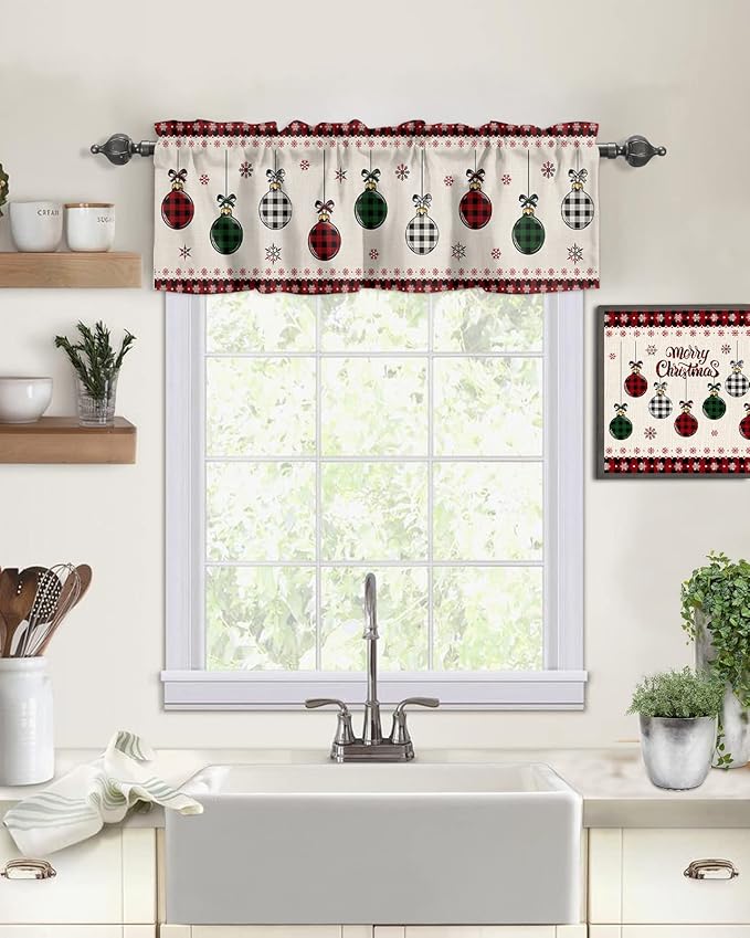 Vandarllin Christmas Kitchen Curtains Valances for Windows Vintage Buffalo Plaid Christmas Balls Rod Pocket Window Treatment for Kitchen/Living Room/Bedroom/Bathroom,60" X 18" -1 Panel, Farmhouse