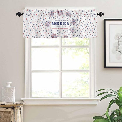 Vandarllin 4th of July Kitchen Curtains Valances for Windows Patriotic America Stars Fireworks Rod Pocket Window Treatment for Kitchen/Living Room/Bedroom/Bathroom, 42" X 12", Red White Blue