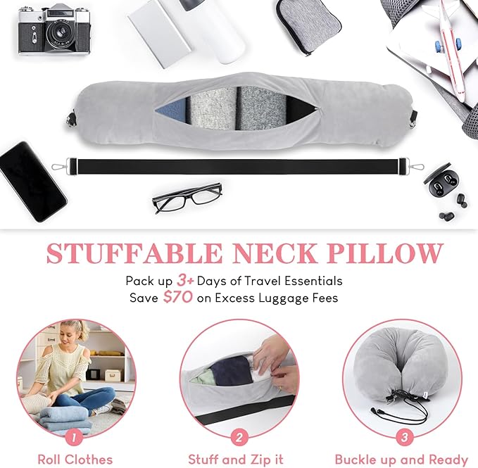 2 in 1 Stuffable Travel Neck Pillow for Extra Luggage & Airplane Footrest Set, Stuffable Neck Pillow for Travel, Airplane Foot Hammock, Fits 3+ Days of Airplane Travel Essentials (Grey)