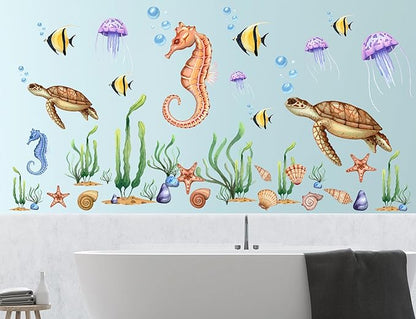 4 Sheets Ocean Animals Wall Decals Under The Sea World Wall Decals Removable DIY Turtles Seahorses Jellyfish Fish Seaweed Decor for Kids Bedroom Bathroom Living Room Playroom Kitchen Decoration