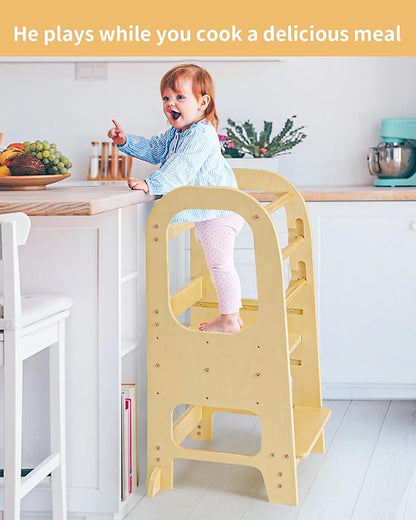 Toddler Helper Tower - Adjustable Height Toddler Learning Tower with 2 Safety Rails for Stability Wood Toddler Kitchen Stool Helper for Learning and Cooking - Ideal for Kids