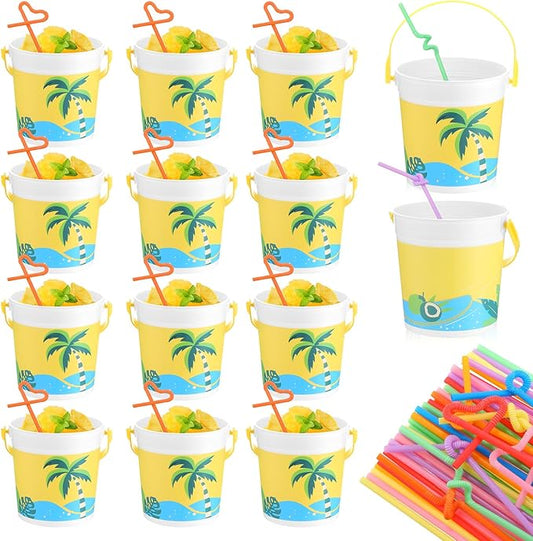 Yaomiao 32 oz Plastic Cocktail Rum Buckets for Drinks with 100 Colorful Straws Portable Drink Buckets for Parties Reusable Punch Bowls for Summer Beach Bar Kitchen (12 Pcs)