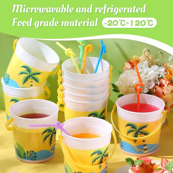 Yaomiao 32 oz Plastic Cocktail Rum Buckets for Drinks with 100 Colorful Straws Portable Drink Buckets for Parties Reusable Punch Bowls for Summer Beach Bar Kitchen (20)