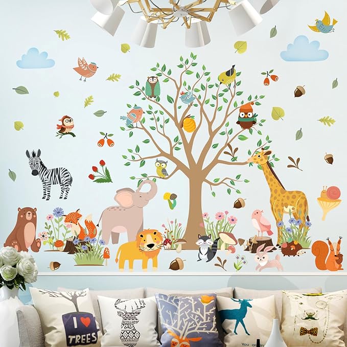 AM AMAONM Removable Jungle Animals Fox Deer Elephant Birds Lion Wall Decals DIY Tree and Leaves Wall Sticker Peel and Stick Home Wall Art Decor for Kids Baby Boys Nursery Bedroom Classroom (39143)