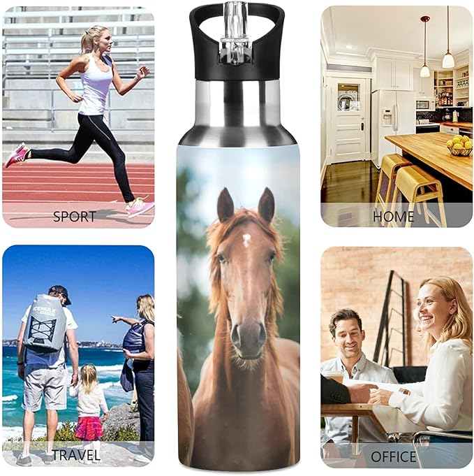 xigua 22 OZ Thinking Horse Water Bottle with Straw, Sports Water Bottle BPA Free Stainless Steel Water Jugs for Gym, Kitchen, Working, Outdoor