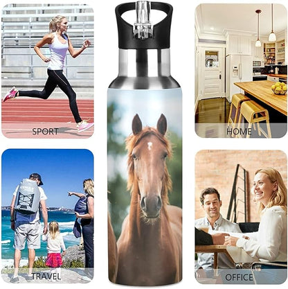 xigua 22 OZ Thinking Horse Water Bottle with Straw, Sports Water Bottle BPA Free Stainless Steel Water Jugs for Gym, Kitchen, Working, Outdoor