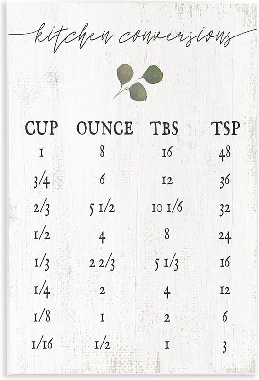 Stupell Industries Kitchen Conversion Chart Neutral Grey Word, Design by Artist Daphne Polselli Wall Art, 13x19, Wood Plaque