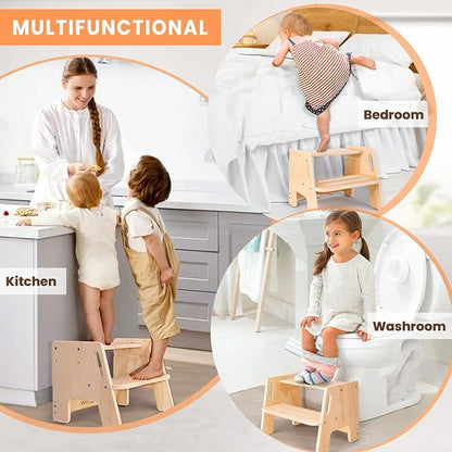 2 Pack Toddler Step Stool, Wooden Height-Adjustable 2-Step Stool for Kids, Potty Training Stool with Handles