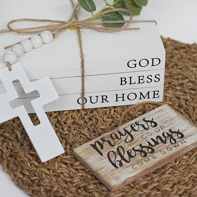 Decorative Books for Home Decor, Fake Books for Decoration, Wooden Faux Books for Decoration, Farmhouse Book Decor (GOD Bless Our Home)