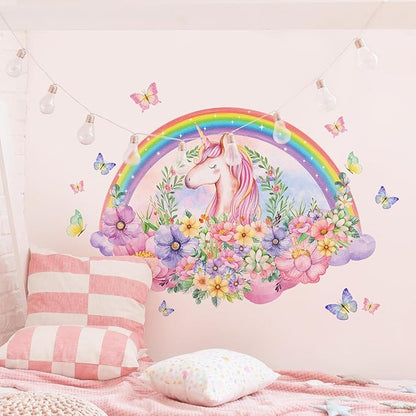 Rainbow Unicorn Wall Decals, Bouquets Flowers Butterflies Wall Stickers Removable Creative Self Adhesive Wall Art Sticker Home Decor for Girls Baby Nursery Kids Room Living Room