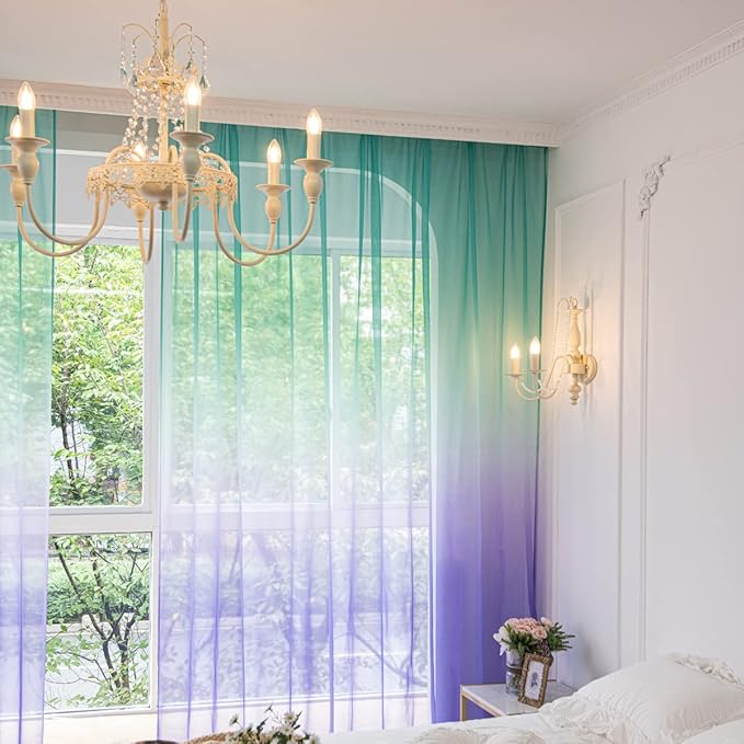 Windows Gradient Sheer Curtains 63 Inches Length 2 Panels Voile Light Filtering Sheer Curtains Panel Basic Rod Pocket for Bedroom Living Room Children Room Kitchen Yard