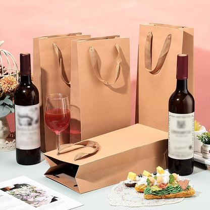 Yeaqee 50 Pack Wine Bags for Wine Double Bottles Gifts Bags 6.6" x 3.6" x 13.8" Craft Wine Bottle Wine Bags Bulk with Handles Reusable Paper Tumbler Wine Bags, Liquor Gift Bag with Handles (Brown)