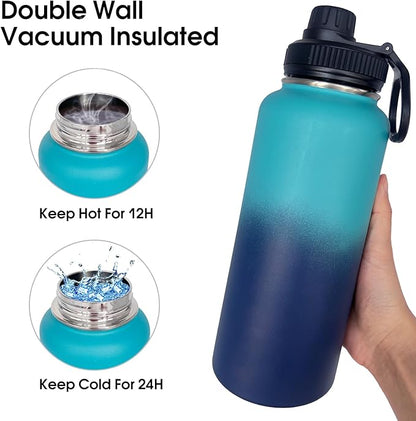 1pack 32 oz Insulated Water Bottle With Straw, Stainless Steel Sports Water Cup Flask with 2 Lids, Wide Mouth Travel Thermal Mug,Blue gradient