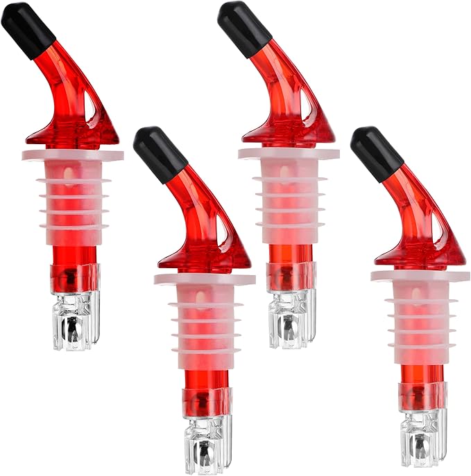 Automatic Measured Bottle Pourer - Quick Shot Spirit Measure Pourers with Dust Caps for Tequila Cocktail Home Bar Tools 1.5oz/45ml(Red No-Collar, 4 Pack)