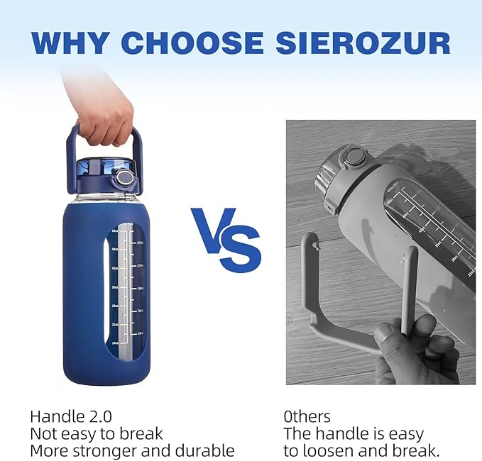 SIEROZUR 64oz Glass Water Bottle with Straw and Handle Lid Half Gallon Motivational Glass Bottle with Silicone Sleeve and Time Marker Large Reusable Sports Water Jug for Gym Home Workout