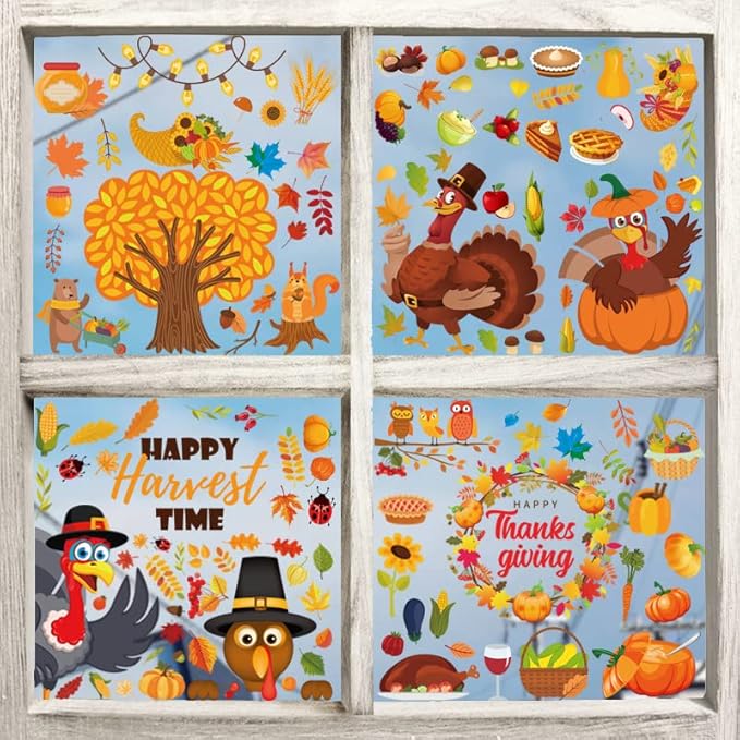 12 Sheets Thanksgiving Window Clings Turkey Maple Leave Window Stickers Fall Window clings for Home Window Decoration Autumn Window Decals for Home Office Classroom Party(Style C)