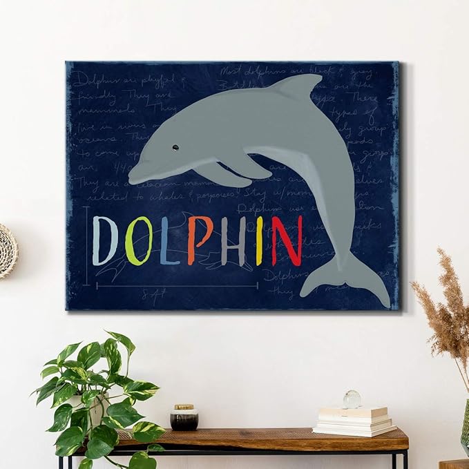 Renditions Gallery Canvas Animal Wall Art Home Paintings & Prints Blue Playful Dolphin Modern Abstract Vibrant Canvas Wall Hanging Decorations for Kids Bedroom Nursery - 32"x48" LT33