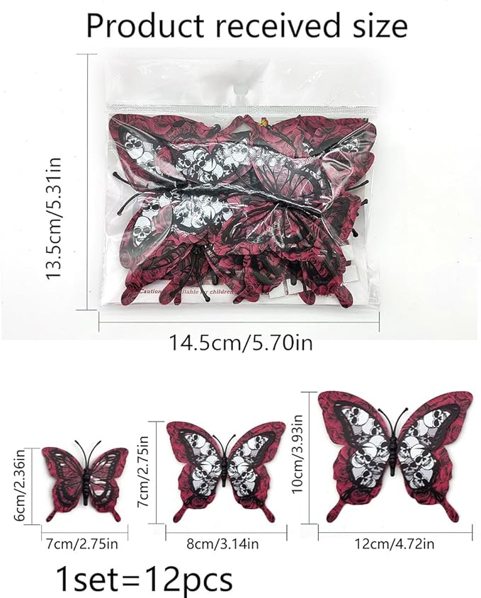 12 Pcs Halloween Wall Decals Removable 3D Stereo Rose Butterfly Skull Wall Stickers Halloween Decorations Gothic Designs Halloween Wall Decor for Home Room Bedroom Festival Party Window Decoration