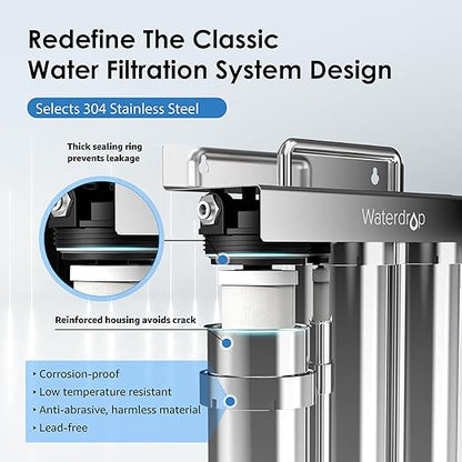 Waterdrop TST-UF 0.01μm Ultra-Filtration Under Sink Water Filter, Stainless Steel Water Filter for Sink, 5X Service Life, 99.99% of Contaminants Larger Than 0.01μm, Direct Connect to Kitchen Faucet