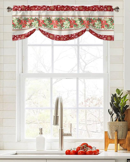 Watercolor Poinsettia Christmas Blackout Tie Up Valance Curtains for Kitchen Windows Red Xmas Winter Holiday Window Toppers Balloon Shades for Living Room/Bathroom/Bedroom,42" X 12", Gold White