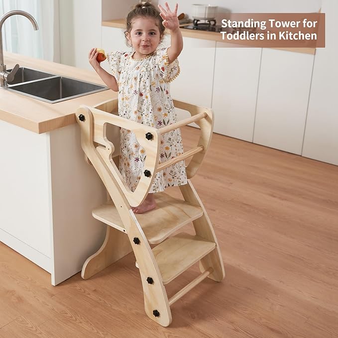 Toddler Standing Tower, 2 in 1 Toddler Kitchen Step Stool Helpers, Adjustable Height Kids Learning Tower with Safety Rails