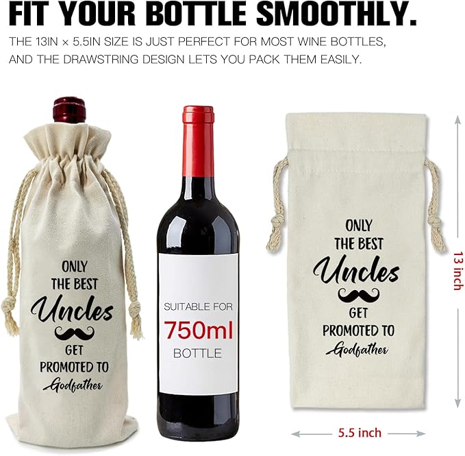 ZHANTUONE，Only the Best Uncles Promoted to Godfather,Father's Day Gifts,Funny party Wine Bags,Drawstring Polyester Cotton Cloth Wine Bag,Gift for Godfather Godparents Baptism Gift