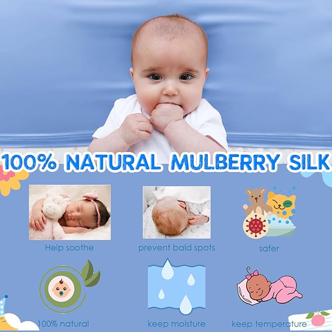 2 Pack 100% Mulberry Silk Crib Sleeve for Baby Hair Loss Prevention, Premium 23 Momme Natural Silk Bassinet Slip for Bassinets/Cradles/Cots/Cribs (Light Blue)