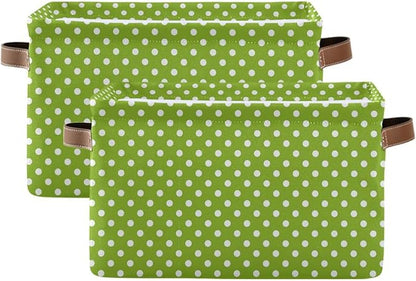 Wamika Green Polka Dot Storage Basket Fabric Kitchen Bathroom Baskets Toy Open Home Storage Bins Boxes Foldable Organizer Bag for Baby Cloth Book Shelf Closet Baskets 16×12×8 Inches