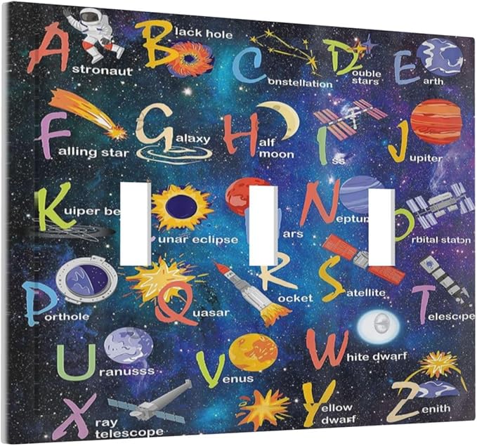 ABC Outer Space 3 Gang Light Switch Plate Decorative Alphabet Galaxy Boys Educational Triple Toggle Wall Plate Cover Electrical Faceplate Switchcover for Kidroom Nursery Home Boyroom Art Panel Decor