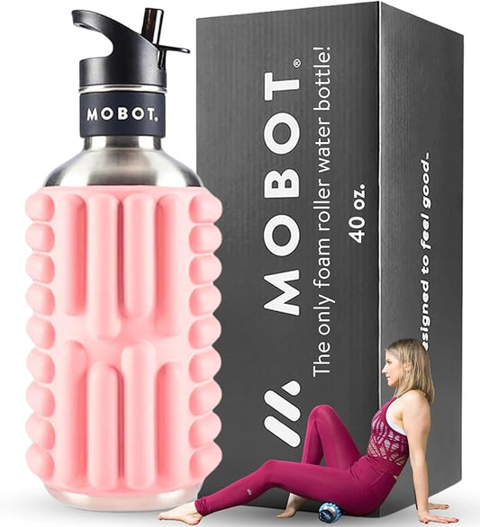 MOBOT Portable Travel Foam Roller Water Bottle with Sip Straw, Stainless Steel Screw Lid | Insulated Sports Water Bottle and Foam Rollers for Yoga, Workout, Home Gym, & Exercise