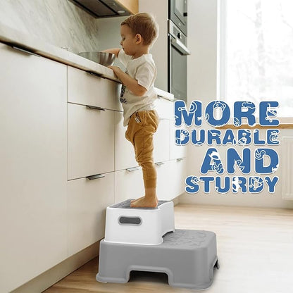 2 Step Stool for Kids and Toddler,Anti-Slip Sturdy Bathroom Toilet Step Stools,Double up Step Stool with Soft Grips,for Potty Training,Sink,Kitchen(Gray)