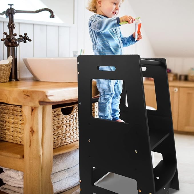 Toddler Kitchen Stool, Toddler Tower with Safety Rail, Toddler Stool for Kitchen Counter, Adjustable Height Little Helper Tower, Kitchen Stool for Toddlers 18 Months and Older, Black