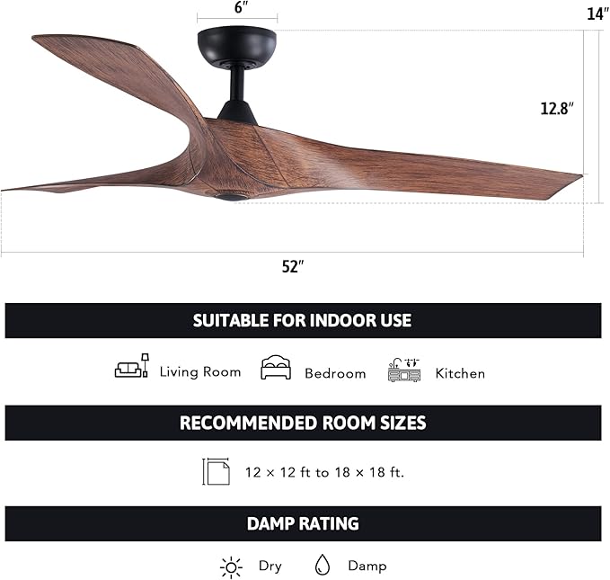 VONLUCE 52" Industrial Ceiling Fan No Light with Remote Control, Mid Century Ceiling Fans with 3 Walnut ABS Blades DC Motor, Indoor Ceiling Fan for Kitchen Bedroom Living Room, Walnut