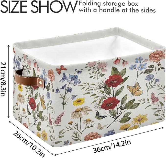 Vintage Wildflower Floral Storage Basket Bin for Shelves Closet Butterfly Rose Foldable Fabric Storage Box Cube with Handles Kids Gift Toy Shelf Basket Organizer for Bedroom Nursery Home Decor