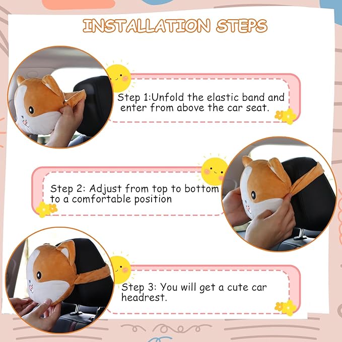 2 Pack Car Headrest Pillow, Cute Neck Pillow for Car Seat Comfortable Soft Head Neck Rest Cushion Seat Neck Support Cartoon Car Pillow for Driving, Travelling, Home Décor - Corgi