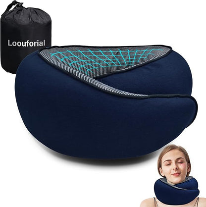 Travel Neck Pillow for Airplanes, 100% Pure Memory Foam Neck Support Pillow 360°Adjustable Full Surrounding Travel Pillow for Long Flights, Car, Train and Home Use, Navy Blue