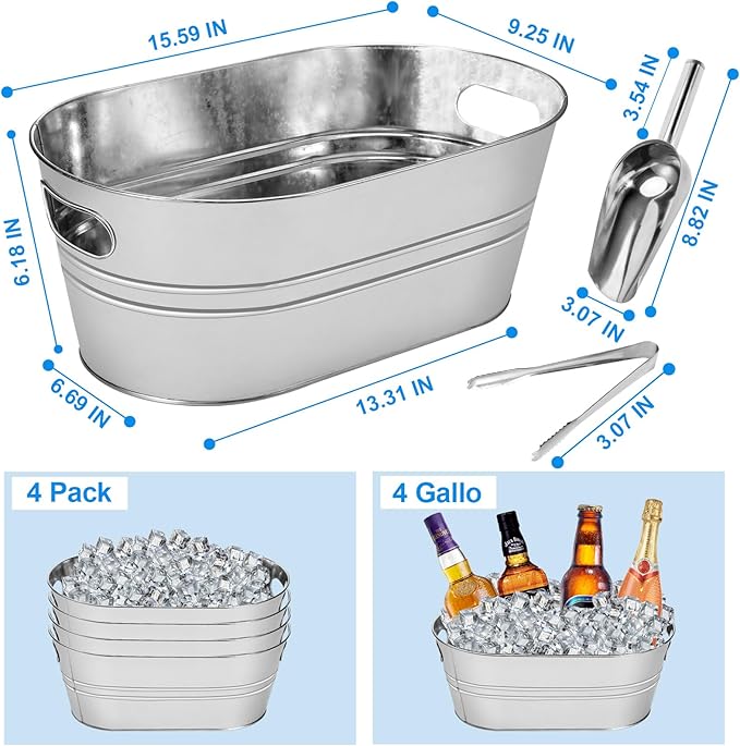 4PCS Drink Buckets for Parties, 4 Gallon Galvanized Ice Buckets, Large Ice Buckets for Parties, Equipped with Handles, a Spoon, and Ice Tongs for Home/Bar Beer, Champagne, Cocktails, and Wine Chiller